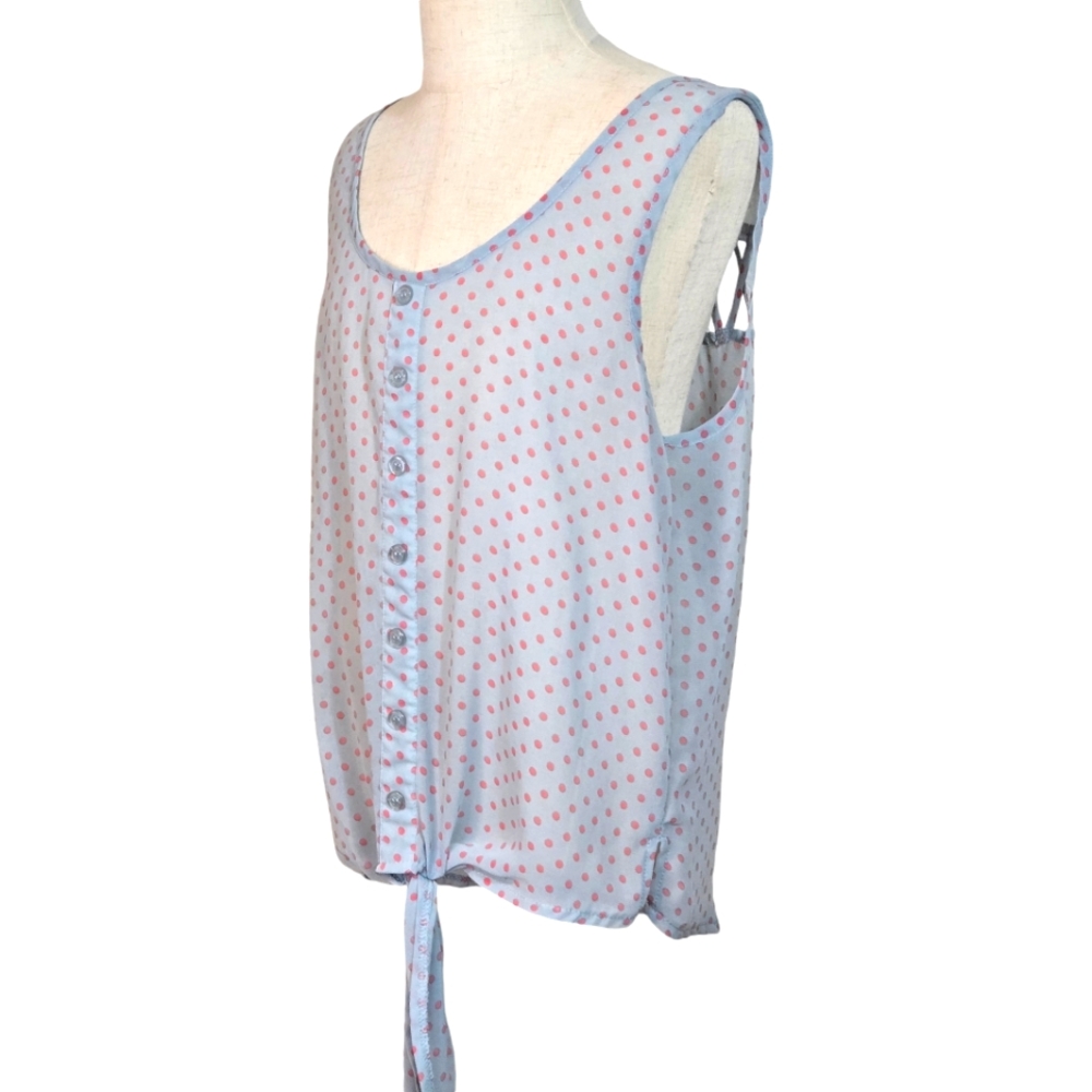 Rue 21 Ladies Small Baby Blue with Pink Polka Dots Sleeveless Sheer Top